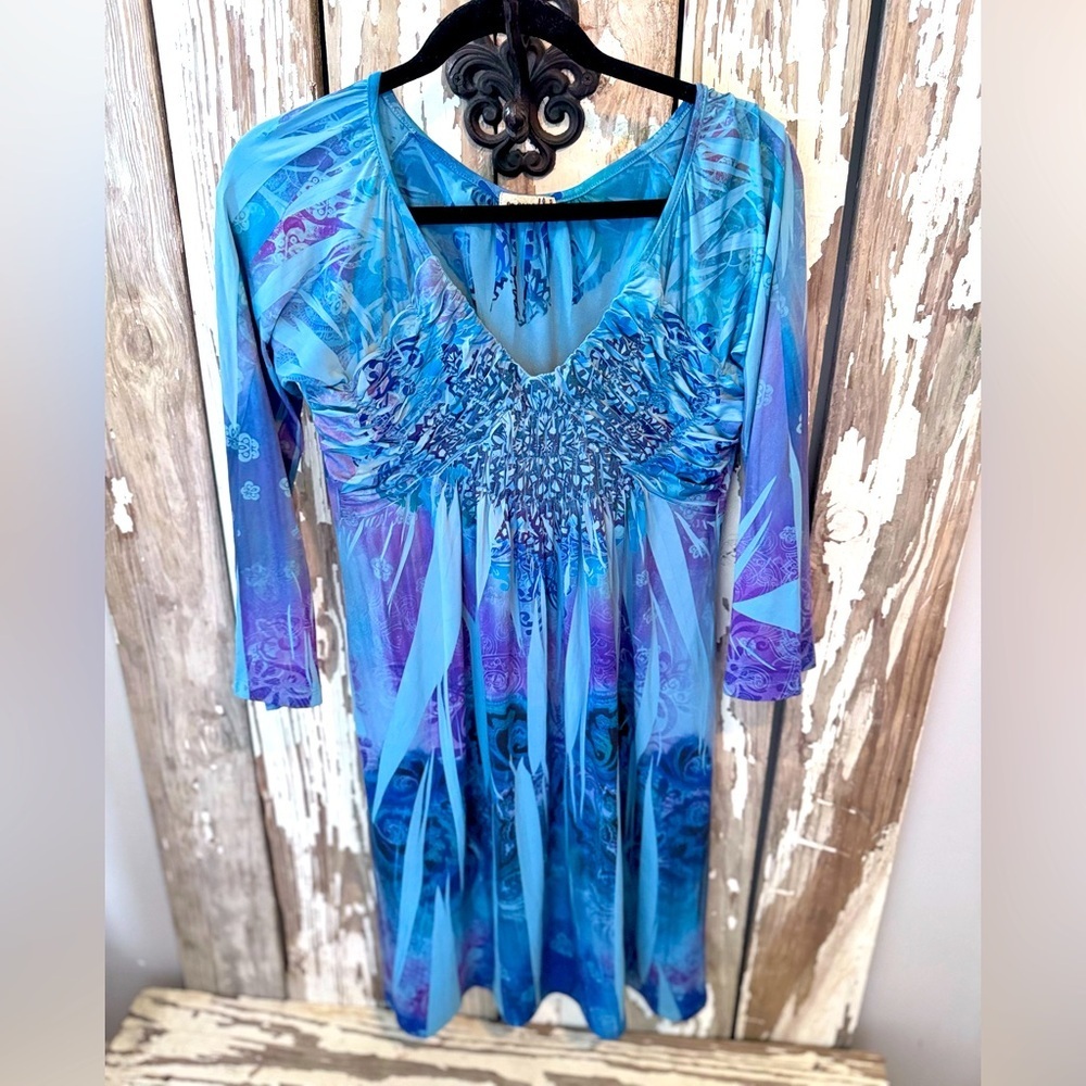 ONE WORLD Blue & Purple V-Neck Smocked Empire Waist Dress